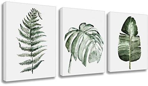 Plant Pictures Botanical Wall Decor - Framed Set of 3 Tropical Monstera Leaf Canvas Prints Posters Green Artwork Palm 12x16 Inches Paintings For People Bedroom Bathroom Kitchen Office Dorm Decoration