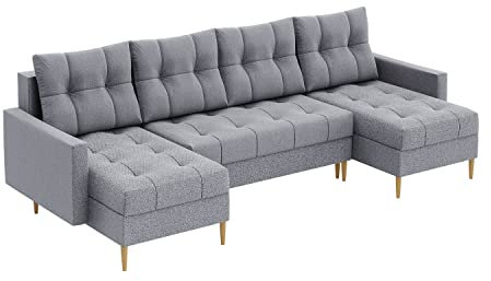 MEBLINI Schlafcouch mit Bettkasten - Ecksofa mit Schlaffunktion - Sofa mit Relaxfunktion und Kissen - Couch U-Form - Eckcouch - SCANDO - 290x140x75cm - Grau Stoff