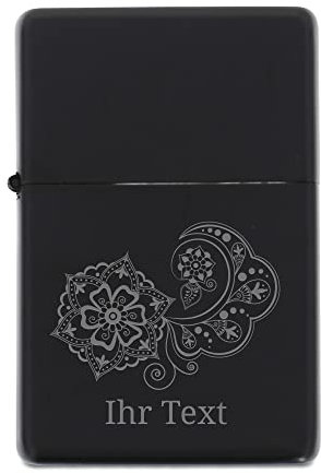Feuerzeug personalisiert mit Gravur, Zentangle Blume, Schwarz