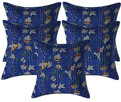 INDACORIFIE Set mit 5 Stück indischen dekorativen Paradies-Kantha-Arbeitskissenbezügen, 40,6 x 40,6 cm, handgefertigte und handbedruckte Kissenbezüge