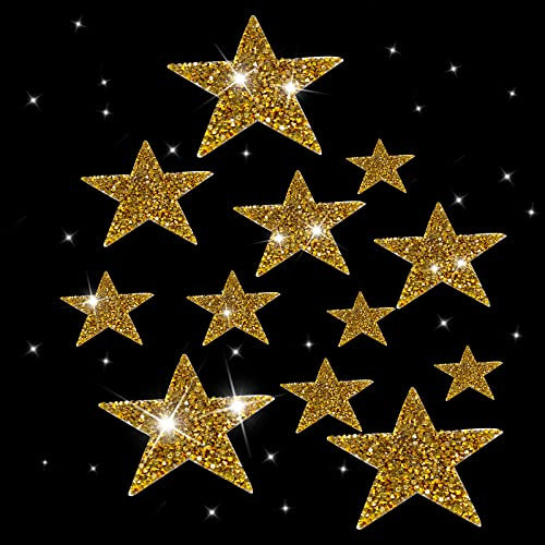 BLMHTWO 12 Pieces 4 Sizes Star Hot Embroidered Patch Rhinestone Patches Iron on Patches Sparkle Gem Diamond Sticker Sets Iron on Spots Sew on Patch Applique Clothing Dress DIY Clothes (Golden)