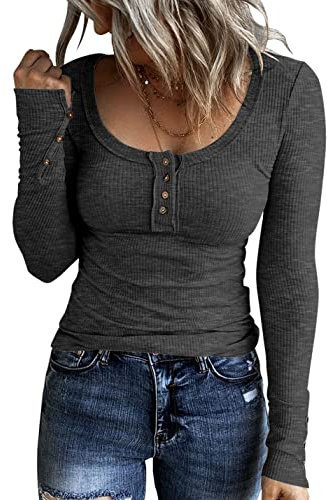 Sukany Women's Henley Shirts Long Sleeve Button Down Slim Fit Tunic Tops Scoop Neck Ribbed Knit Casual T Shirts Blouses Grey M