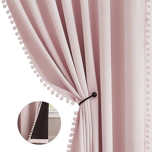 Pink Pom Pom Blackout Curtains for Girls Bedroom 72 inch Eyelet Thermal Insulated Curtains for Living Room Darkening Energy Efficient Window Drapes for Kids Nursery Guest Room 54W 2 Panels