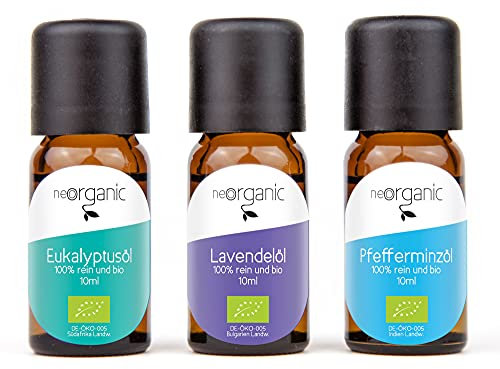 NeoOrganic® Lieblingsdüfte – Bio Aromaset ätherische Öle – Bio Lavendelöl, Bio Eukalyptusöl und Bio Pfefferminzöl – 3 x 10ml