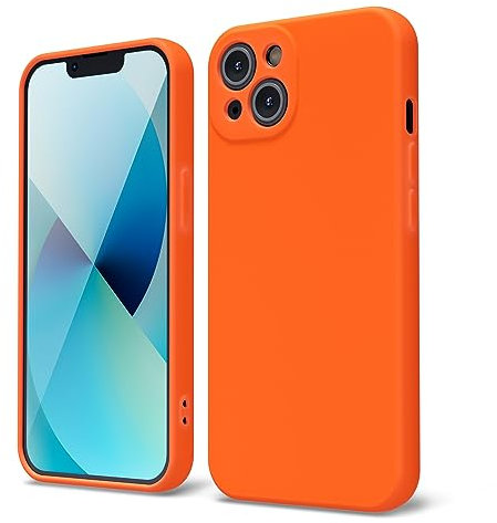 oakxco for iPhone 13 Phone Case Liquid Silicone, Fluorescent Bright Solid Color, Cute Thin Slim Soft Rubber TPU Plain Smooth Gel Matte Protective Cover for Women Girl, Burnt Neon Orange