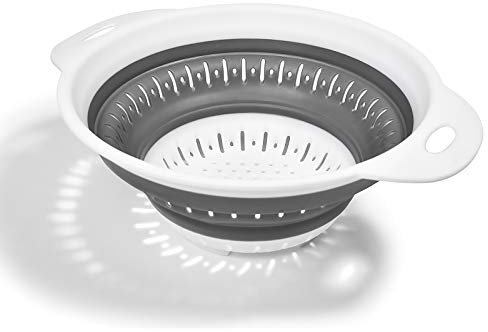 Colador plegable con asa, coladores de silicona sin BPA y coladores de alimentos con asas de plástico, verduras y frutas, escurridor de pasta, colador plegable, apto para lavavajillas, color gris