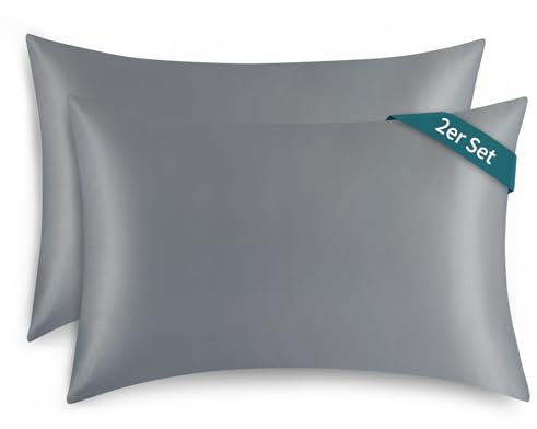 RUIKASI Satin Kissenbezug 50x80cm 2er Set - Seidig Kopfkissenbezug 50x80 Dunkelgrau mit Hotelverschluss, Leicht Pflege wie Seide Kissenbezüge Doppelpack, Weich Pillowcases für Haare und Haut