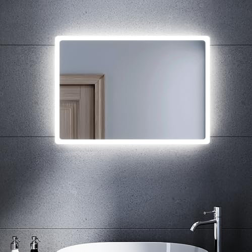 SUNXURY Badspiegel Bad mit Beleuchtung 60 x 40cm WandSchalter Lichtspiegel Horizontale und vertikale Aufhängung Kaltes Weiß 6400K CRI>95