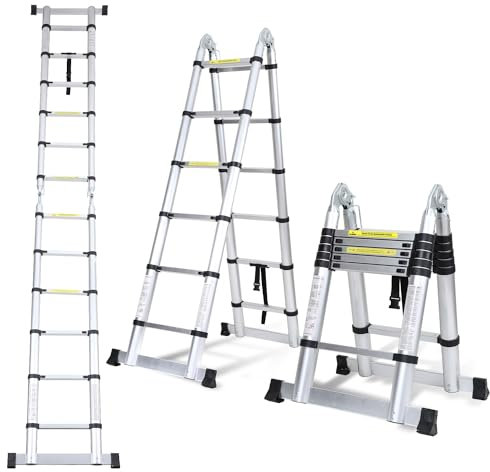 Randaco 3.8M (1.9+1.9) Teleskopleiter Klappleiter Aluminium, Ausziehbare Leiter, Rutschfester Aluleiter Stehleiter Mehrzweckleiter Aluminiumleiter, Teleskop Ausziehleiter 150 kg Belastbarkeit