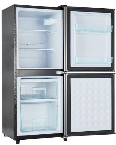 Merax Frigorifero a risparmio energetico da 106L: frigorifero da 60 L + congelatore a 4 stelle, 7 impostazioni di temperatura, grigio argento spazzolato, illuminazione a LED, ripiani regolabili, 166