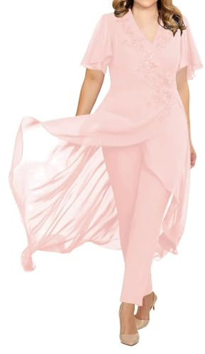 JIIL Mutter der Braut Hosenanzug für Hochzeit Zweiteilig Chiffon Mutter des Bräutigams Kleid Rosa 50