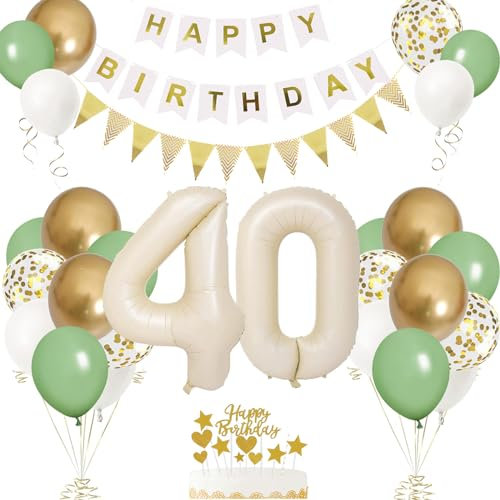 40. Geburtstag Deko Beige, Luftballon 40. Creme, Weiß Creme Folienballon 40, Mädchen 40 jahre Luftballon deko Sandweiß, Zahl 40 Helium Luftballons Salbeigrün Weiß Ballons für Geburtstag Party Deko