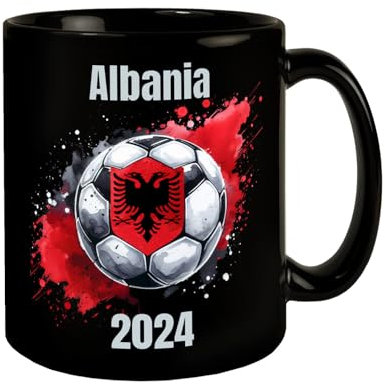 Fußball Albanien Flagge Tasse in Schwarz EM 2024 Sportbegeistert Landesfarben im Ball-Emblem Fußball-Sphäre
