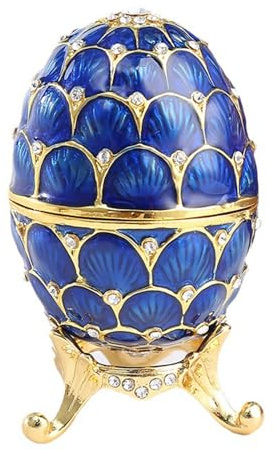 BURLOE Emailliertes Faberge Ei Schmuckkästchen, Marineblaues Osterei Goldgitter Muster Display Verzierung Dekoratives Strasssteinen Zarte Geschenk,Blau