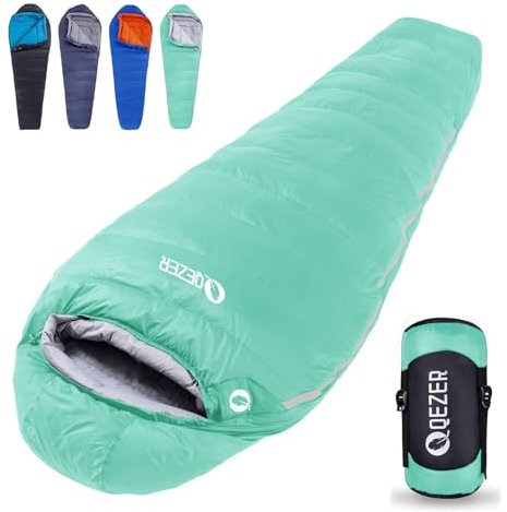 QEZER Daunenschlafsack Winter Daunen Schlafsack Outdoor 0°C bis -23°C für Erwachsener und Kind Alle Jahreszeiten Camping (Grün 0°C)