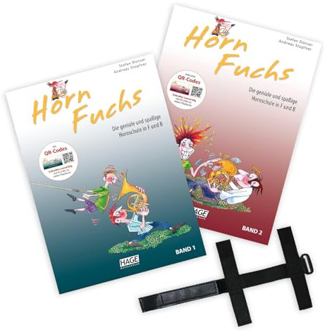 HornFuchs 1 und 2 (Starterset) mit QR Codes - Horn Fuchs Band 1 und Band 2 - Spiralbindung (ISBN 9783866262805, 9783866263390) + Soundman Handschlaufe für Waldhorn Kinderhorn