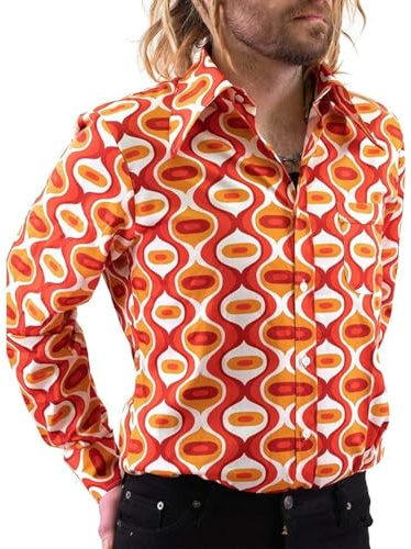 Mens 70s Disco Hip Hop Shirts Casual Button Down Paisley Floral Vintage Long Sleeve Large Collar Shirt