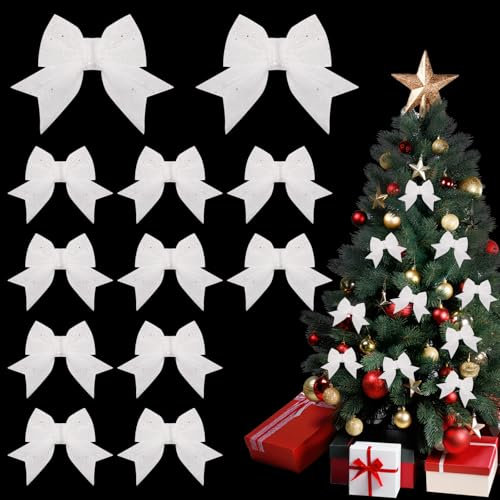 12 Stück Weihnachtsbaum Deko Weiß, Weihnachtsdeko Weiß, Schleifen Weihnachtsbaum Weihnachtsbaumschmuck, Dekorative Schleifen & Bänder,Glitzer Weihnachtsbaumschmuck für Weihnachtsbaum Weihnachtskranz