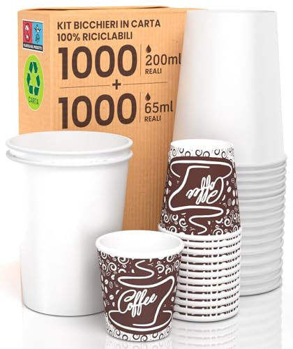 Kit 1000 Bicchieri in Carta Bianchi 200ml da Asporto Bevande Calde e Fredde + 1000 Bicchierini in Carta Fantasia Brown Coffee 65ml per Caffè Classic Mix Ecologici Biodegradabili Monouso