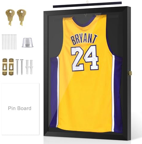 4 THOUGHT Jersey Frame Display Case Large Lockable Shadow Box Sport Shirt Display Frame with 98% UV Protection Acrylic Door and Hanger for Football Hockey Basketball Baseball Shirt, Black