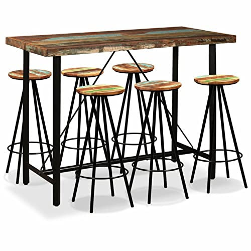 ShGaxin 7-TLG. Bar-Set, Bartisch Mit Barhocker Set, Hochtisch Mit Stühlen Set, Esstisch Mit Stühlen, Küchentheke Mit Hocker, Altholz Massiv