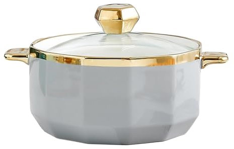 Soupière ronde avec couvercle en verre, bol à soupe de service en céramique, soupière de service en porcelaine for décoration de cuisine de restaurant, maison, micro-ondes et lave-vaisselle, porcelain