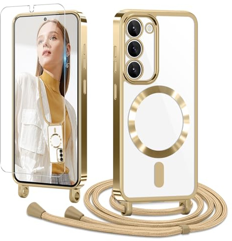 Ethanger Coque pour Samsung Galaxy S23 5G avec Cordon + 1×Verre Trempé, Or | Coque Transparente TPU Bumper Silicone Etui Housse avec Cordon de Collier Réglable, Cover Magnétique