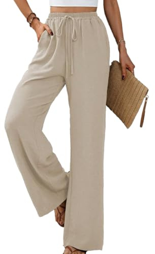 Yeenily Damen Hosen Weites Bein Sommer Leichte Palazzo Hose Herbst Freizeit Locker Stoffhose Elegant Einfarbig Lang Sommerhose mit Taschen (Beige, S)