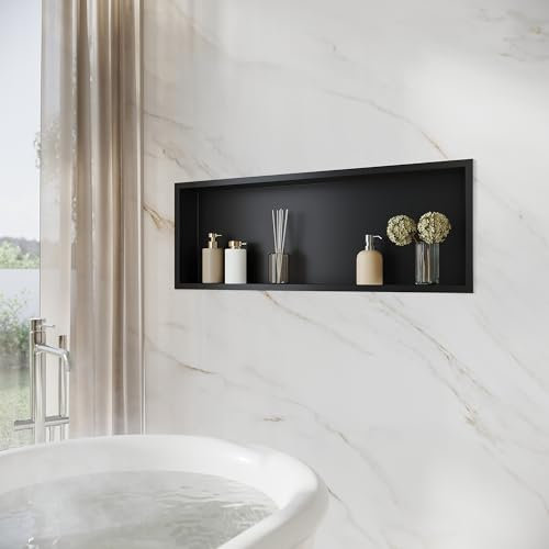 SONNI Wandnische Dusche Edelstahl, eingebettete Duschnische, Einzelregal Lagerung für Badezimmer, Wasserdicht, Keine Fliesen erforderlich, 90 x 30 x 10 cm, Schwarz, GNF90