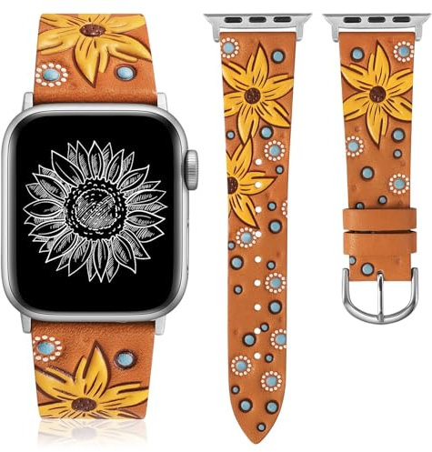 TOYOUTHS Lederarmband kompatibel mit Apple Watch Armband 41/40/38/42mm Damen, Boho Retro Prägung Sonnenblume Floral Leder Armbänder für iWatch Serie 10/9/8/7/6/5/4/3/2/1/SE, Braun/Gelb Floral