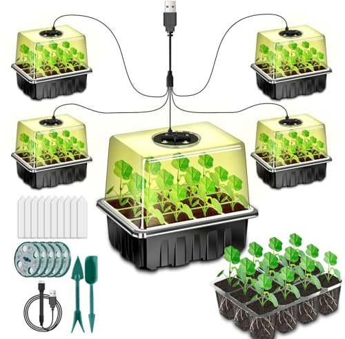 AONYIYI Juego de cultivo elevado con luz, 5 unidades de 60 celdas, minicaseta de cultivo, plantas pequeñas, invernadero, juego de cría con tapa, casa pequeña para habitaciones de interior, color negro
