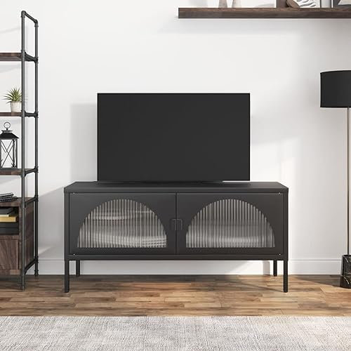 Iiaky TV-Schrank Schwarz 105x35x50 cm Wohnwand Wohnzimmer Fernseher Schrank TV MöBel TV Sideboard TV Unterschrank Glas und Stahl