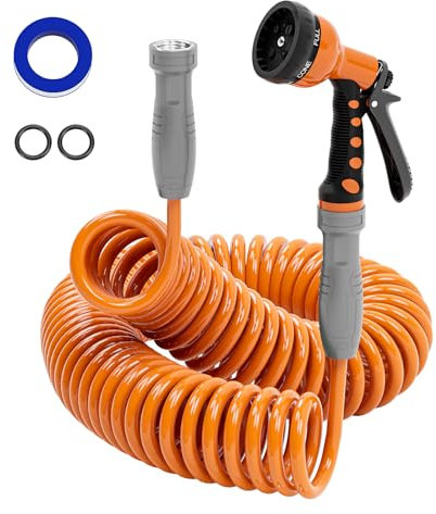 SPECILITE 0,95 cm leichter Spiralschlauch, 15 m, EVA-Wasserschlauch mit 6 Sprühdüsen für Boot, Gewächshaus, Hof, Terrasse, Orange