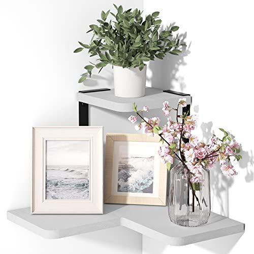 SRIWATANA Corner Shelves, 2 Tier Corner Wall Shelves Mounted, Floating Rustic Wood Wall Shelves for Bedroom, Living Room, Bathroom, Kitchen, Office, White