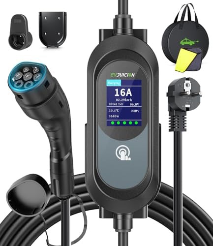 Evjuicion Chargeur Voiture Electrique 6 Mètre [3.68KW | 8-16A | 0-12H | IP65] EV Chargeur Type 2 avec Support Mural, Écran numérique, Portabilité Cable Recharge Voiture Électrique Type 2 avec Sac