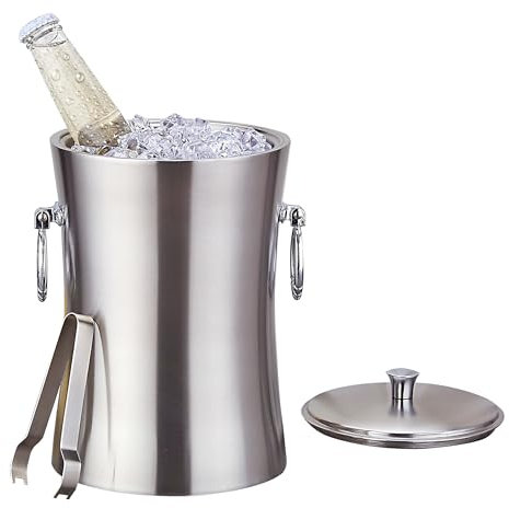 SANQIAHOME 3L Ice Bucket Stainless Steel Double Walled Vacuum Insulated with Lid & Tong Champagne Buckets for Cocktail Bar, Parties & Outdoor
