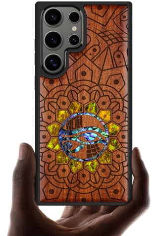 Carveit Hülle für Samsung S25 Ultra（Pflaumenfarbe-Ewiger Horus Mandala） | Cover [Holzgravur & Muschel inlay] Einzigartiges Kunstwerk Handyhülle Kompatibel mit Galaxy S25 Ultra Case Holzdesign