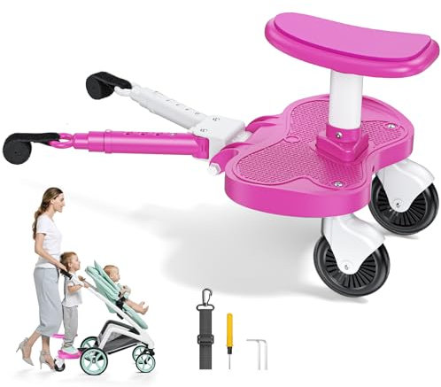 BugyKido Planche Poussette Universelle Rose, Marche Pied Poussette Universelle avec Siège, Compatible 99% des Poussettes, Planche à Roulettes pour Enfants 2-6 Ans (25KG)