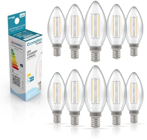 Crompton Lamps Filament Candle LED Light Bulb SES-E14 | 2.2W = 25W Equivalent | Cool White 4000K | Energy Efficient | Small Screw Lightbulb | Long Life 15,000-Hrs | Clear Glass | 10-Pack