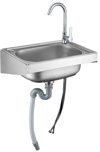 Handwaschbecken aus Edelstahl mit Heiß- und Kaltwasserhähnen, Abflussrohr aus Stahl, ideal für Bars, Cafés, Restaurants, Küchen und Hotels