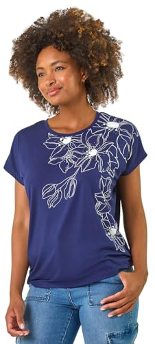 Roman Originals T-Shirt for Women UK - Ladies Tee Shirt Summer Top Holiday Day Causal Short Sleeve Blouses Round Crew Boat Neck Lightweight - Navy Floral - Size 10