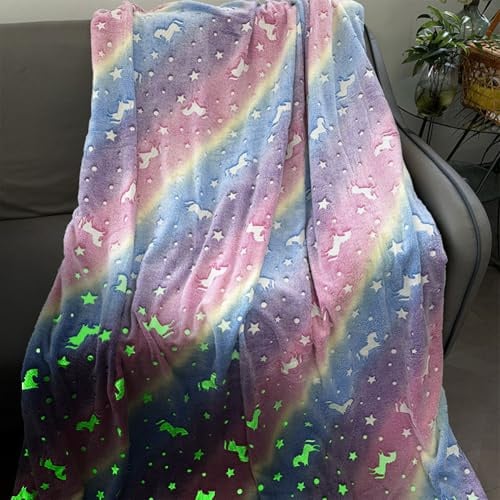Manta infantil para niña y niño, 200 x 150 cm, cubierta que brilla en la oscuridad, suave y mullida, manta de sofá, manta cálida para Navidad, cumpleaños, Pascua (unicornio colorido)