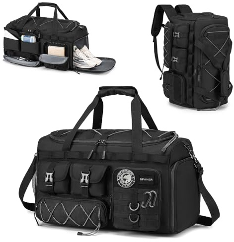 SPAHER 3 in 1 Taktische Sporttasche 50L Reisetasche mit Rucksackfunktion | Handgepäck Tasche 55x35x25 KLM Air France, Sportrucksack Herren Groß mit Schuhfach & Nassfach für Gym Weekender, Schwarz