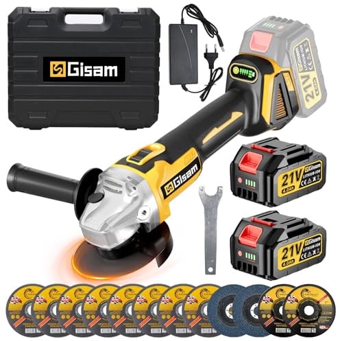 Gisam Akku Winkelschleifer 125mm, Bürstenloser Motor, 4 Drehzahlstufen, 10000 U/min, Flex Akku Winkelschleifer mit 2x 4000mAh Akku und 12 Zubehörteile für Trennen und Schleifen