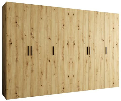 MEBLE KRYSPOL - Kleiderschrank - Garderobenschrank - 300 cm x 202 x 52 cm - Schrank mit Kleiderstange, 6 Türen - für Schlafzimmer, Flur - BARI, Artisan-Eiche, Griff Schwarz