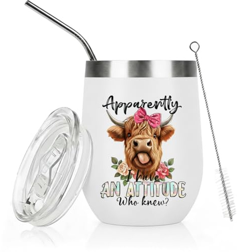 Rolcheleego 12oz Insulated Stainless Steel Coffee Tumbler with Lid & Straw, Funny I Have an Attitude Cow Mug, Travel Water Cup, Birthday Gift for Cow Lovers, Highland Cow Gifts for Women