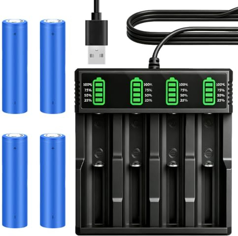 SKJJM Wiederaufladbarer 3,7V Akku mit Ladegerät, 4 Stück 2200mAh Wiederaufladbarer NIMH mit 1 Packung USB Akku Ladegerät, 18650 Akku Li-ion für Taschenlampe, Stirnlampen, Kamera, Kleinen Lüfter
