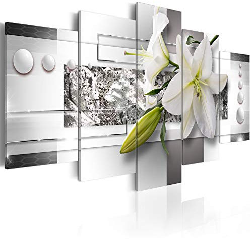 decomonkey Bilder Blumen Lilien 200x100 cm XXL 5 Teilig Leinwandbilder Bild auf Leinwand Wandbild Kunstdruck Wanddeko Wand Wohnzimmer Wanddekoration Deko Abstrakt silber