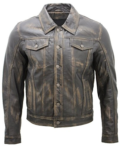 Herren Trucker Beiläufig Jahrgang Schwarz Lederhemd Jeans Jacke