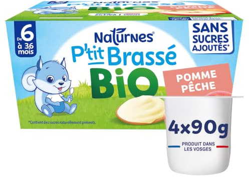 Nestlé bébé P'tit Brassé BIO Pomme Pêche - Pack de 4 - Laitage dès 6 mois | Dessert Bébé au Lait Entier, Laitage Source de Calcium, Sans Sucres ajoutés, Produit en France